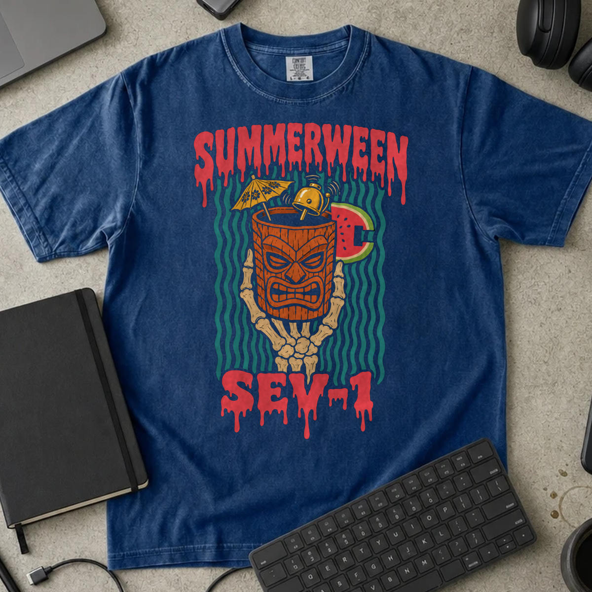 Summerween Sev-1 Shirt — True Navy Comfort Colors 1717 flat lay