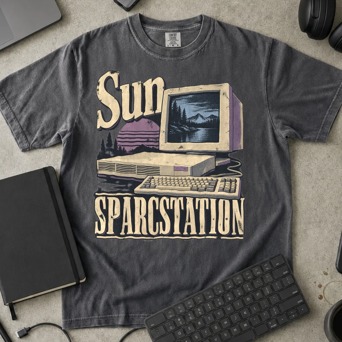 Sun SPARCstation Shirt — Pepper Comfort Colors 1717 flat lay