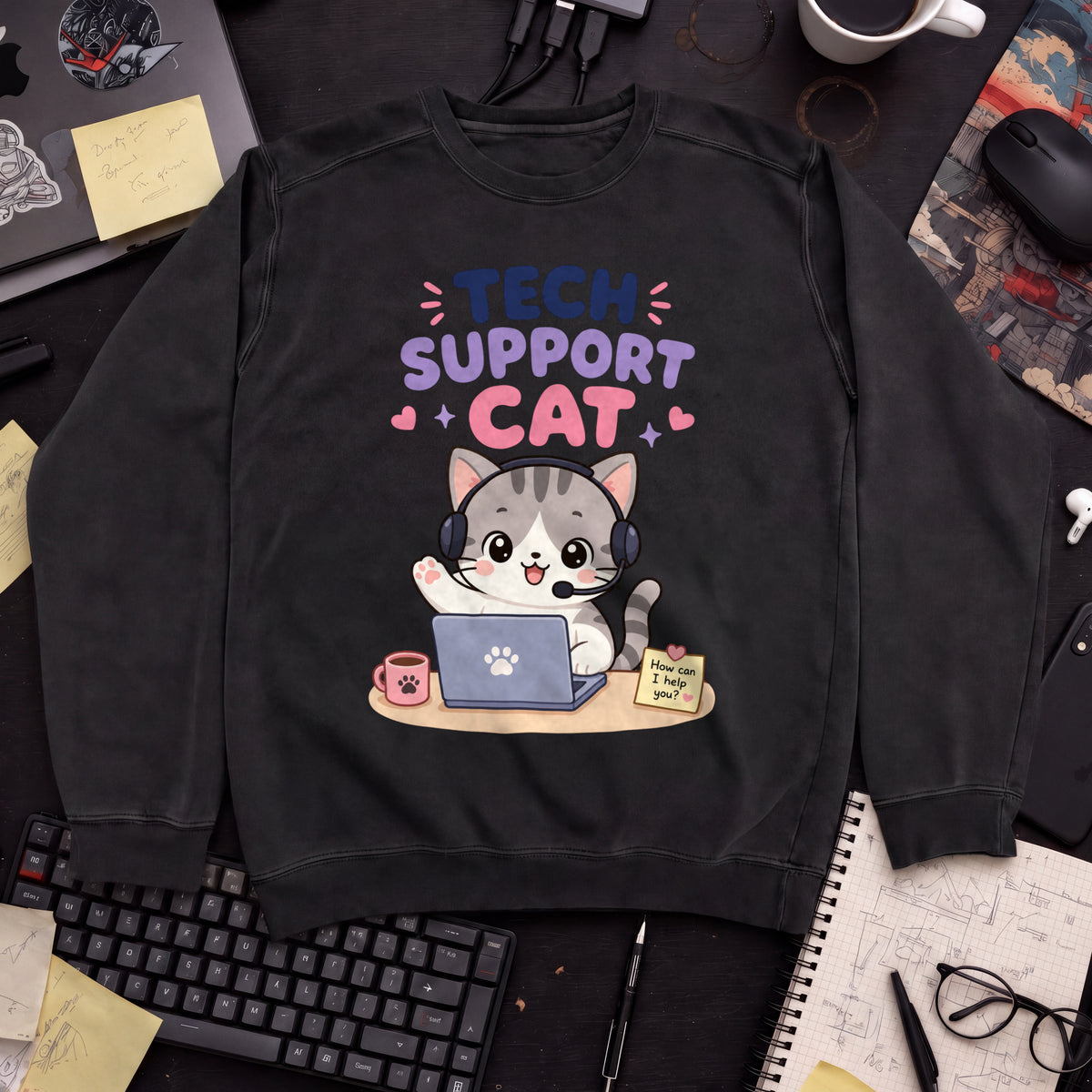 Tech Support Cat Sweatshirt — Black