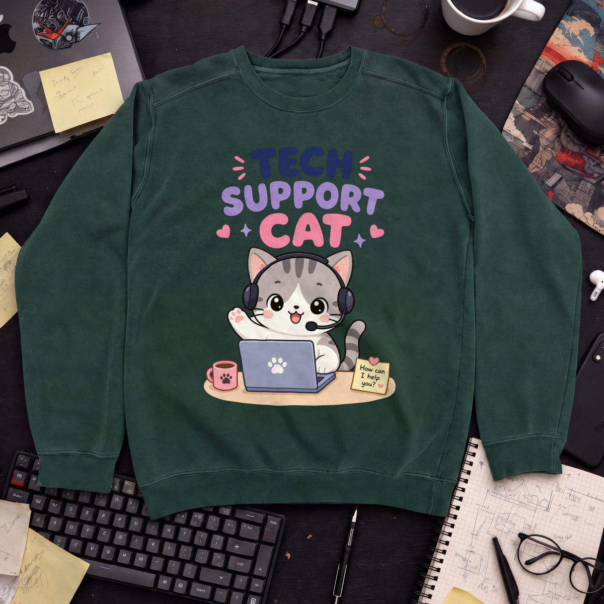 Tech Support Cat Sweatshirt — Bottle Green