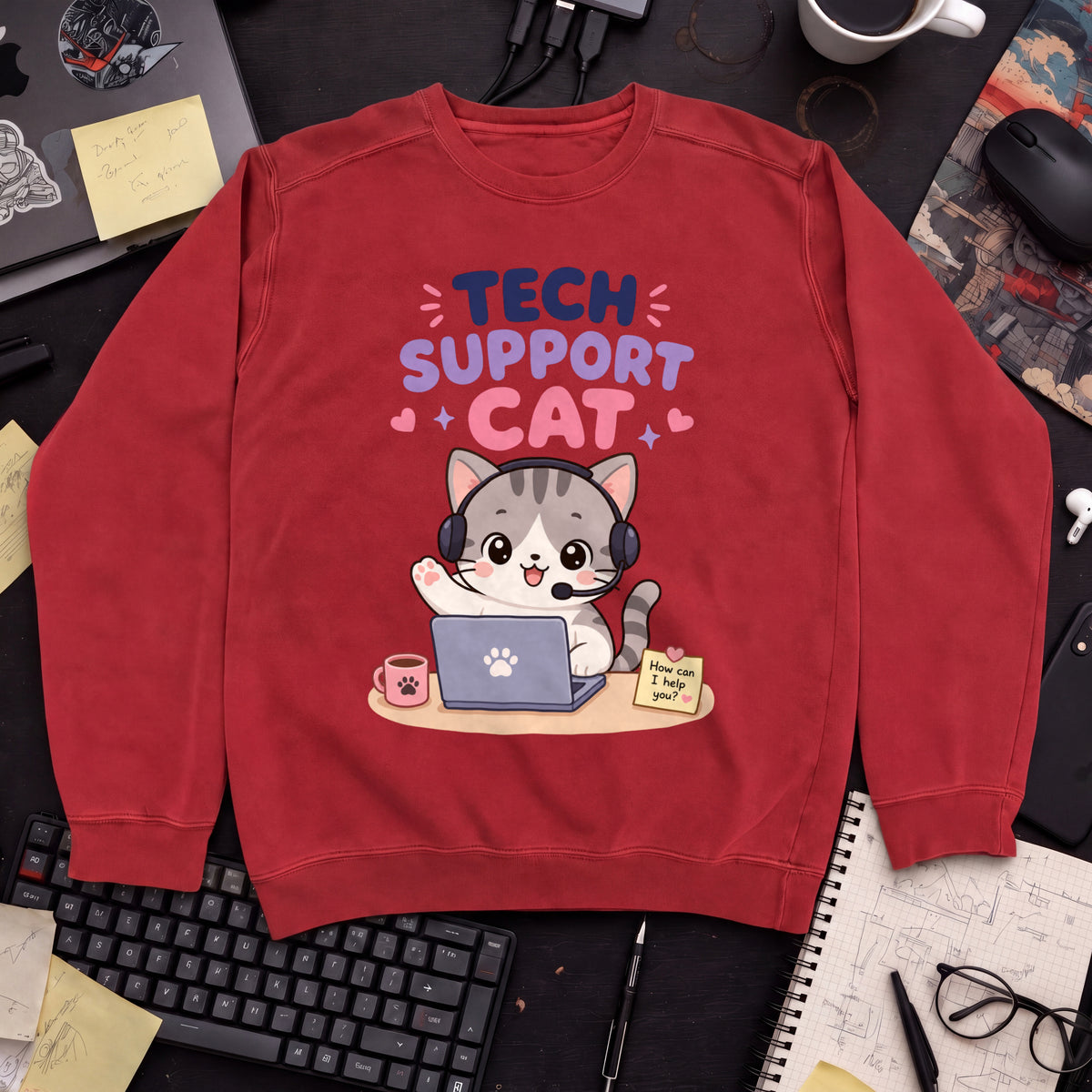 Tech Support Cat Sweatshirt — Fire Red