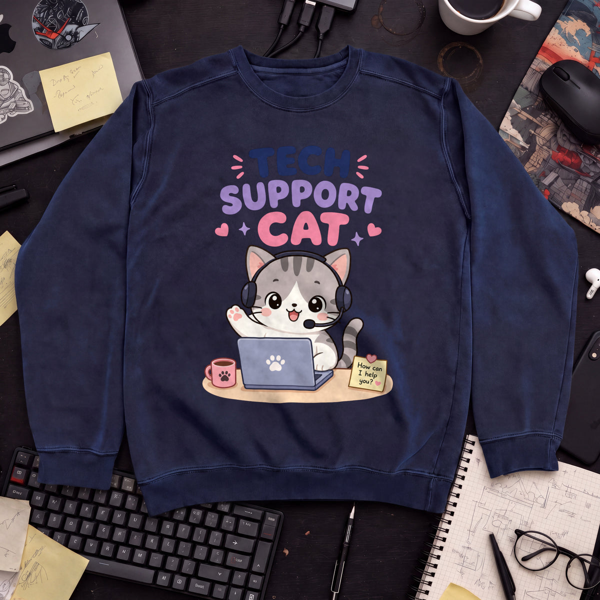 Tech Support Cat Sweatshirt — Navy