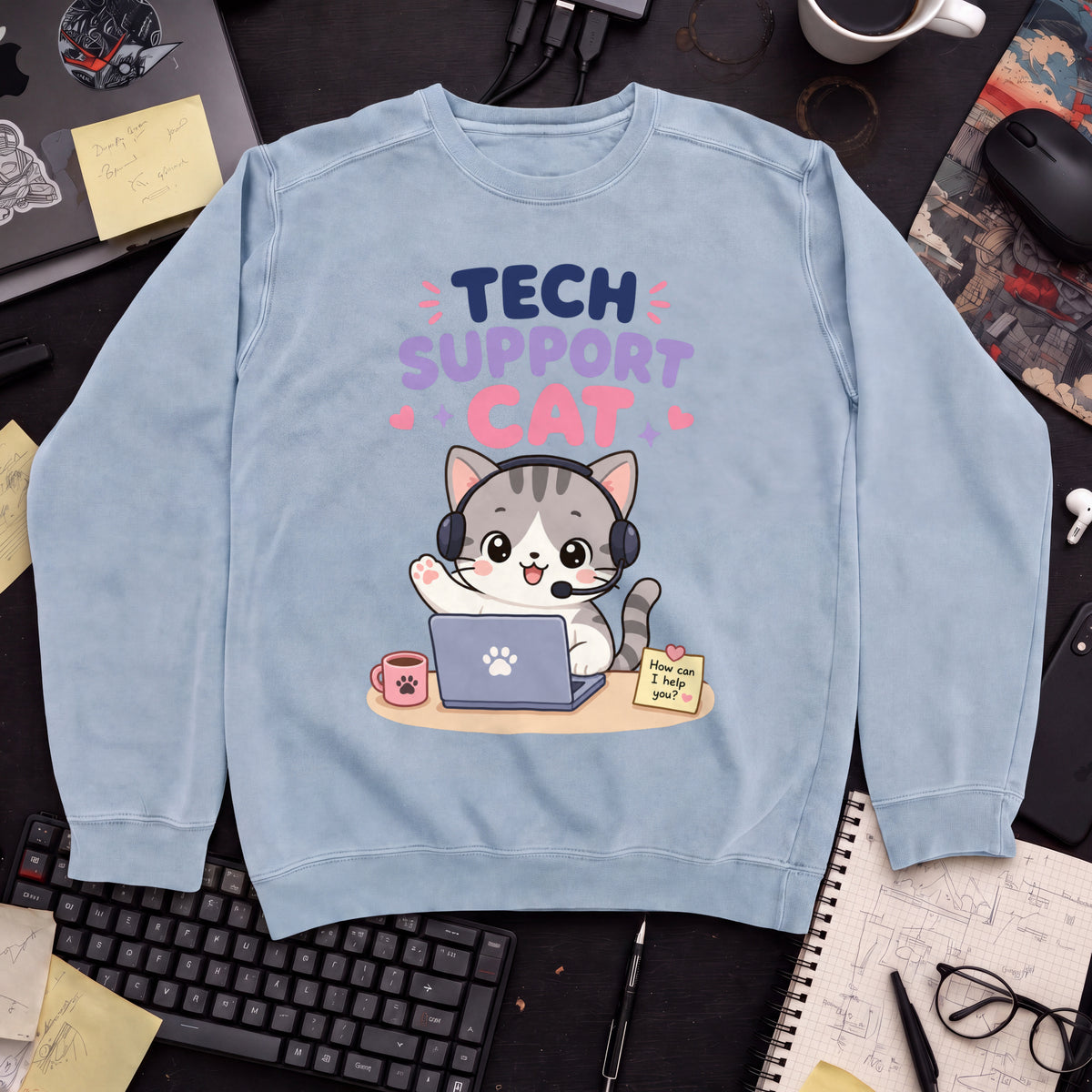 Tech Support Cat Sweatshirt — Sky Blue