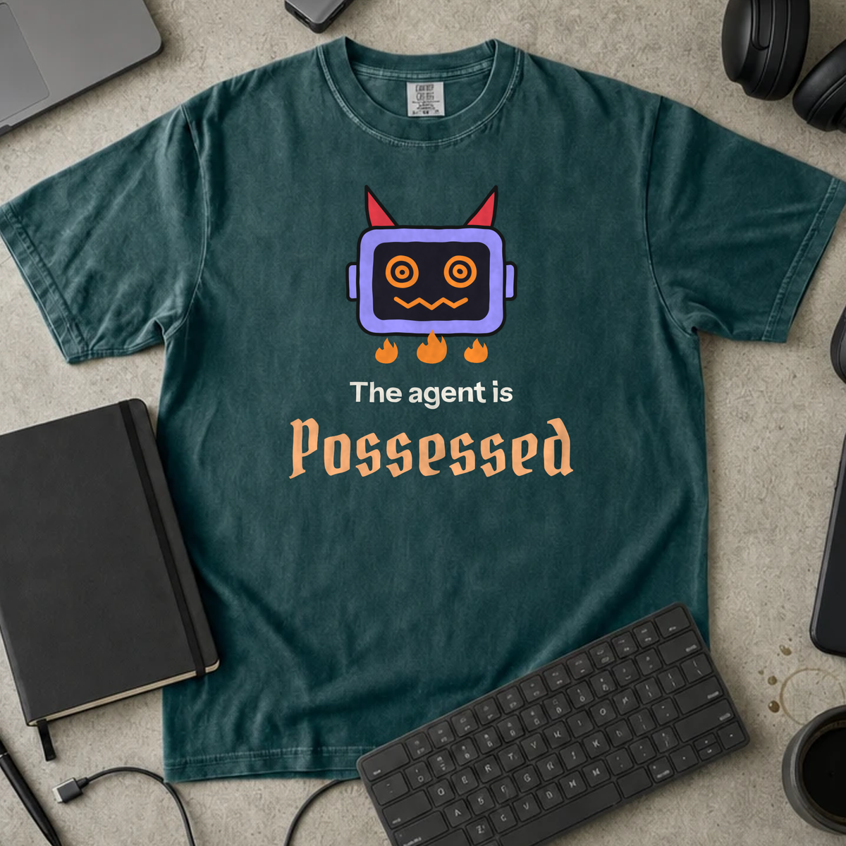 The Agent Is Possessed Shirt — Blue Spruce Comfort Colors 1717 flat lay