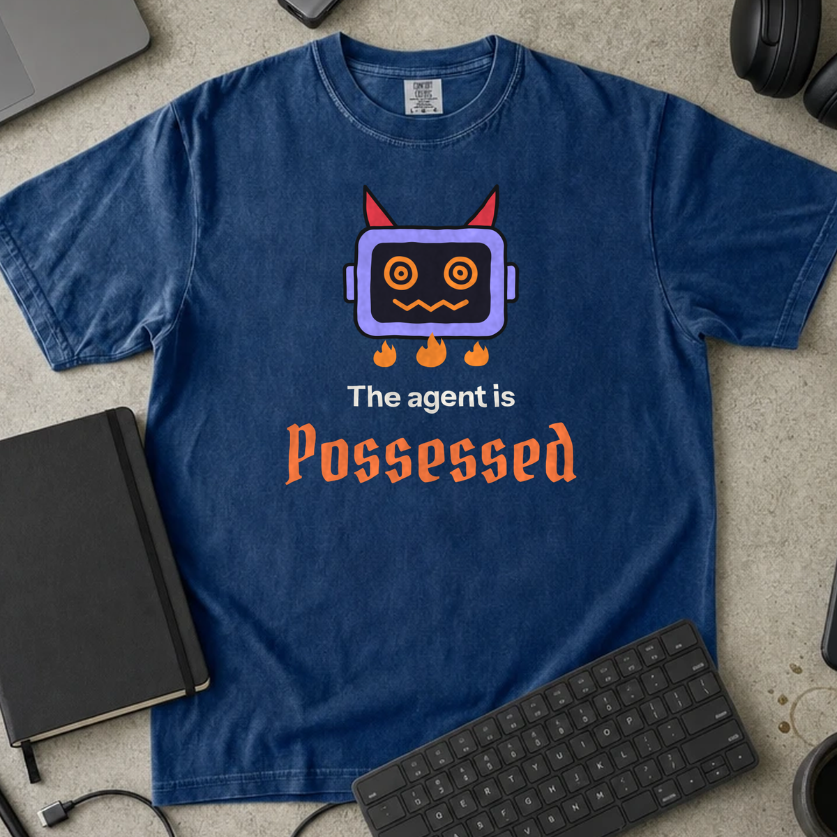 The Agent Is Possessed Shirt — True Navy Comfort Colors 1717 flat lay