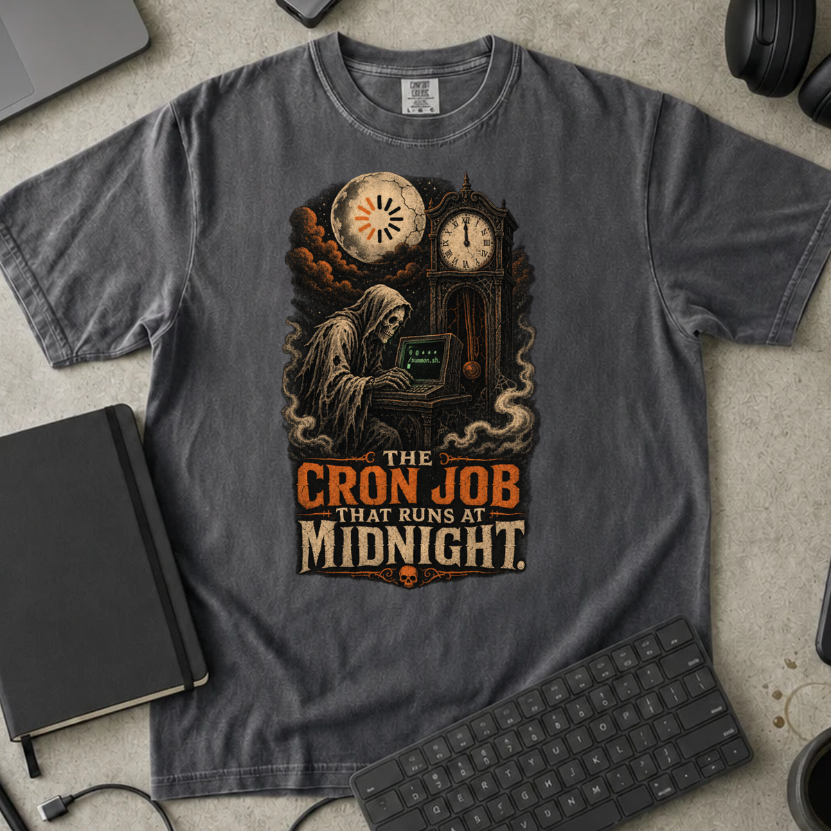 The Cron Job That Runs at Midnight Shirt — Pepper Comfort Colors 1717 flat lay