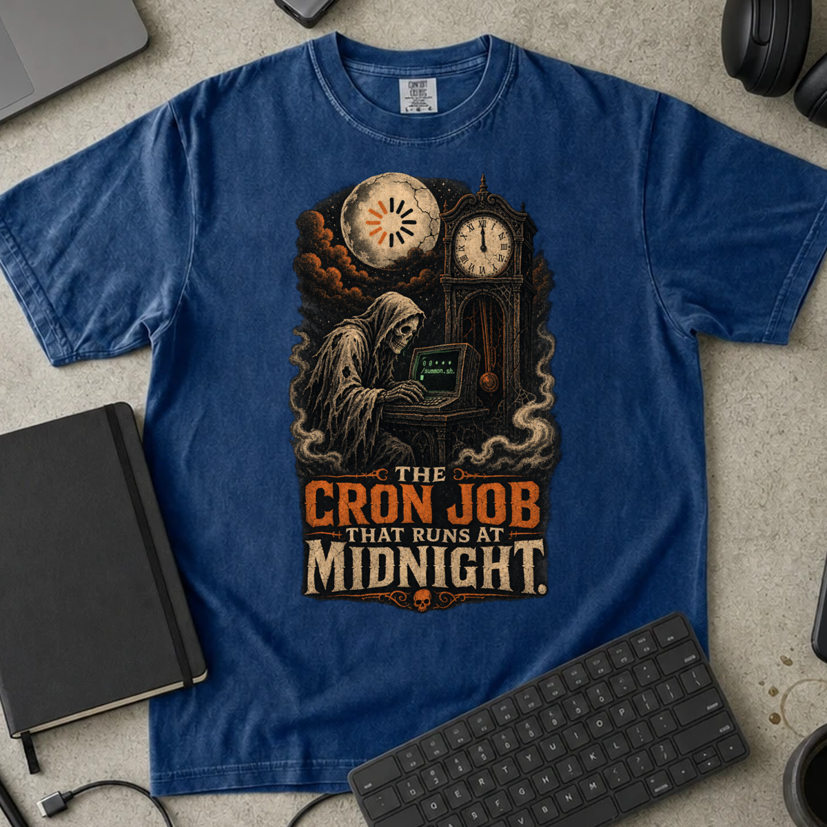 The Cron Job That Runs at Midnight Shirt — True Navy Comfort Colors 1717 flat lay