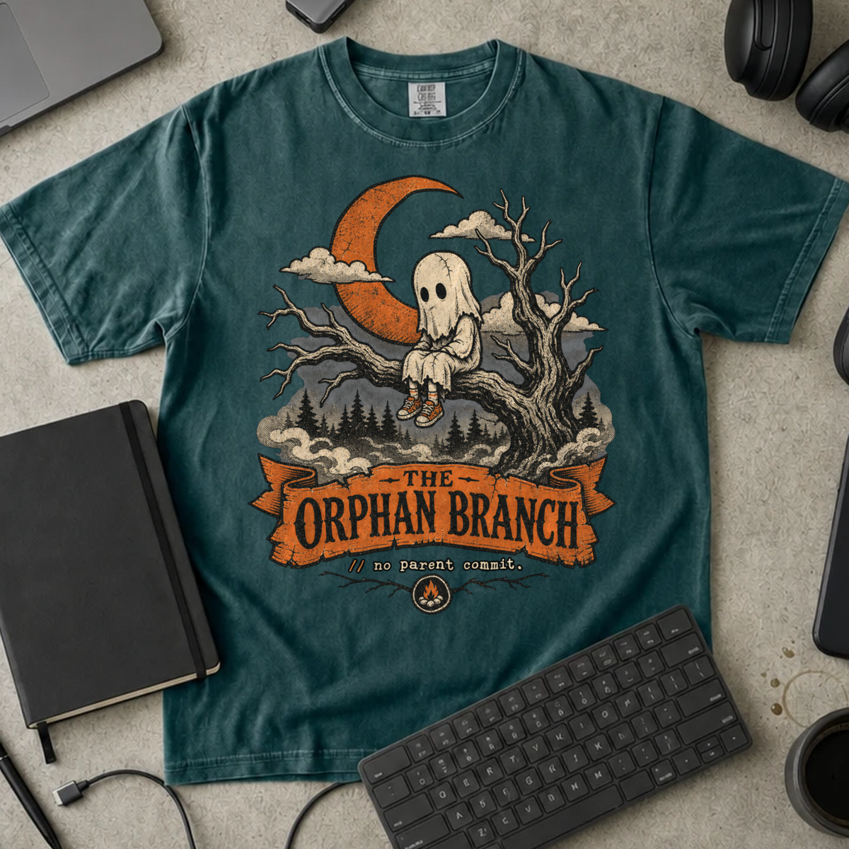 The Orphan Branch Shirt — Blue Spruce Comfort Colors 1717 flat lay