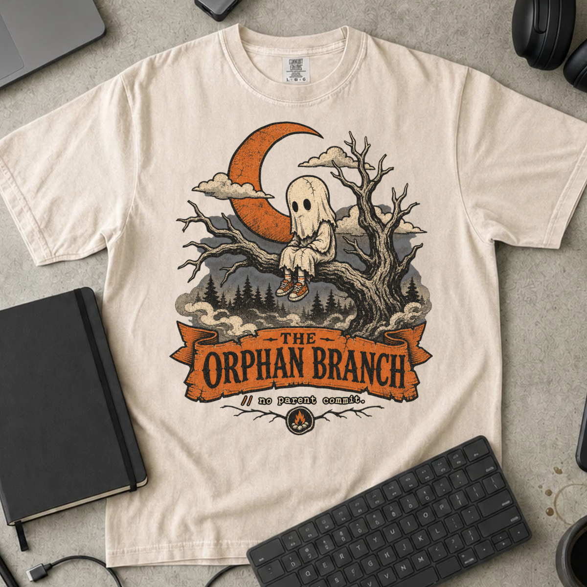 The Orphan Branch Shirt — Ivory Comfort Colors 1717 flat lay