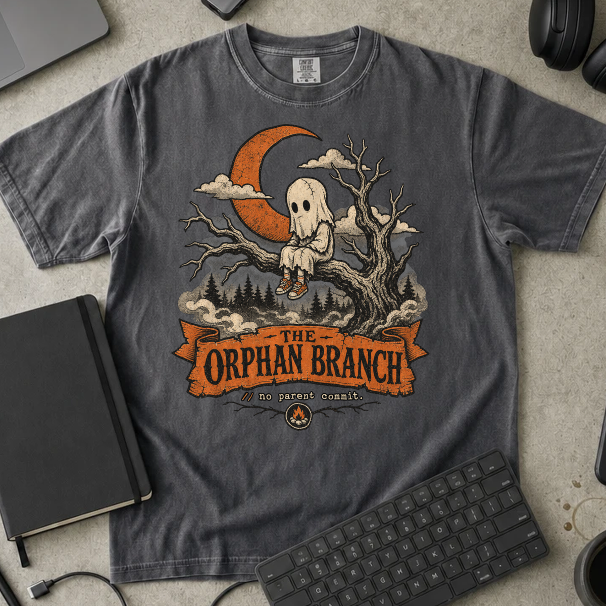 The Orphan Branch Shirt — Pepper Comfort Colors 1717 flat lay
