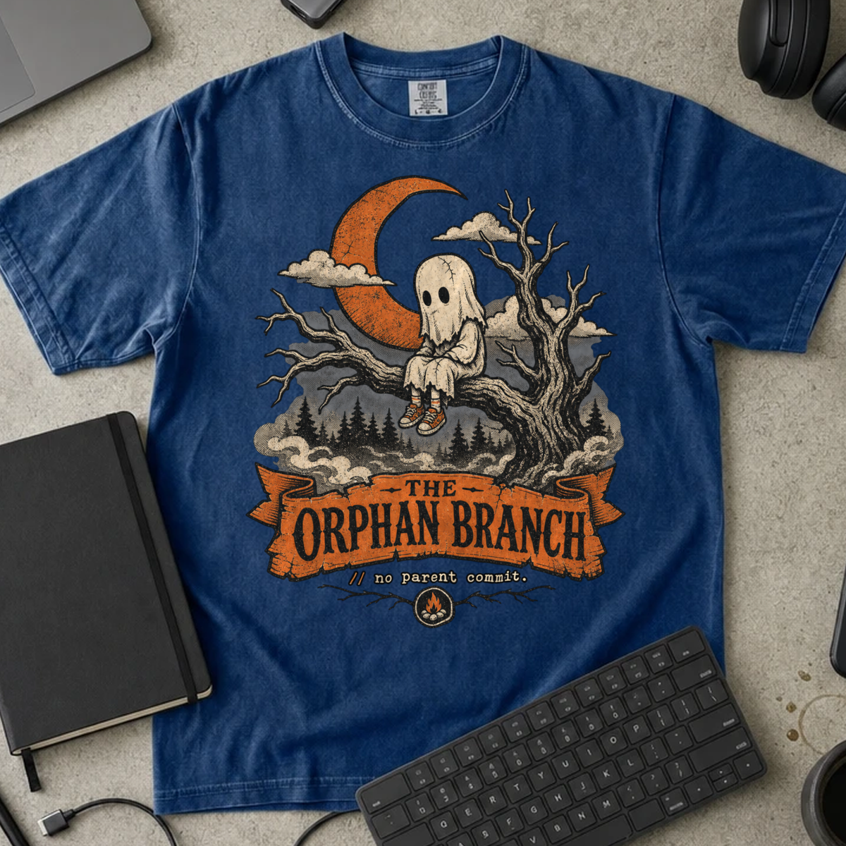 The Orphan Branch Shirt — True Navy Comfort Colors 1717 flat lay