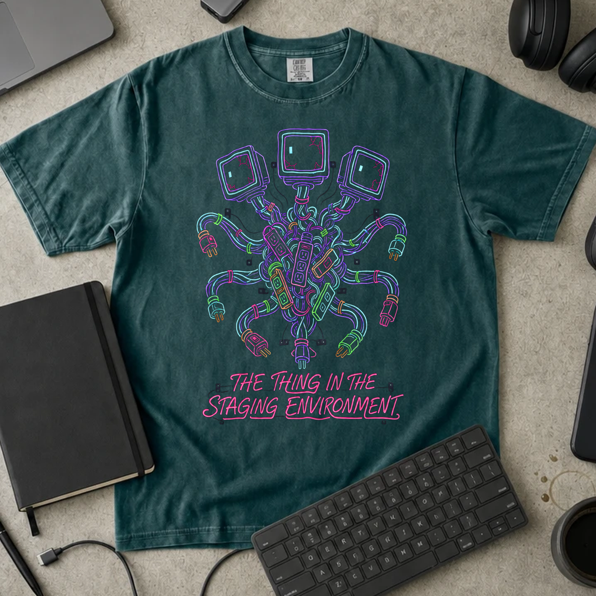 The Thing in the Staging Environment Shirt — Blue Spruce Comfort Colors 1717 flat lay