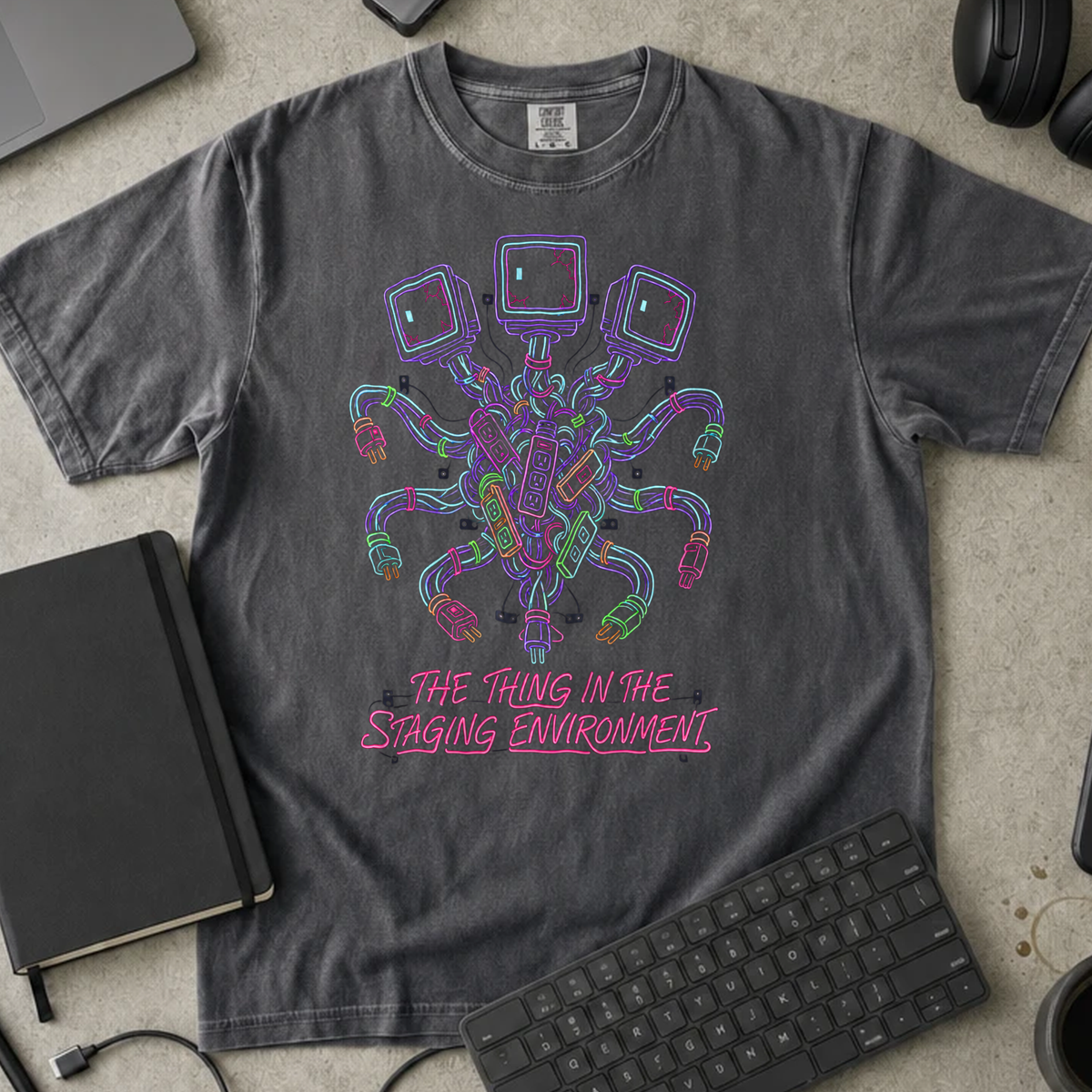 The Thing in the Staging Environment Shirt — Pepper Comfort Colors 1717 flat lay