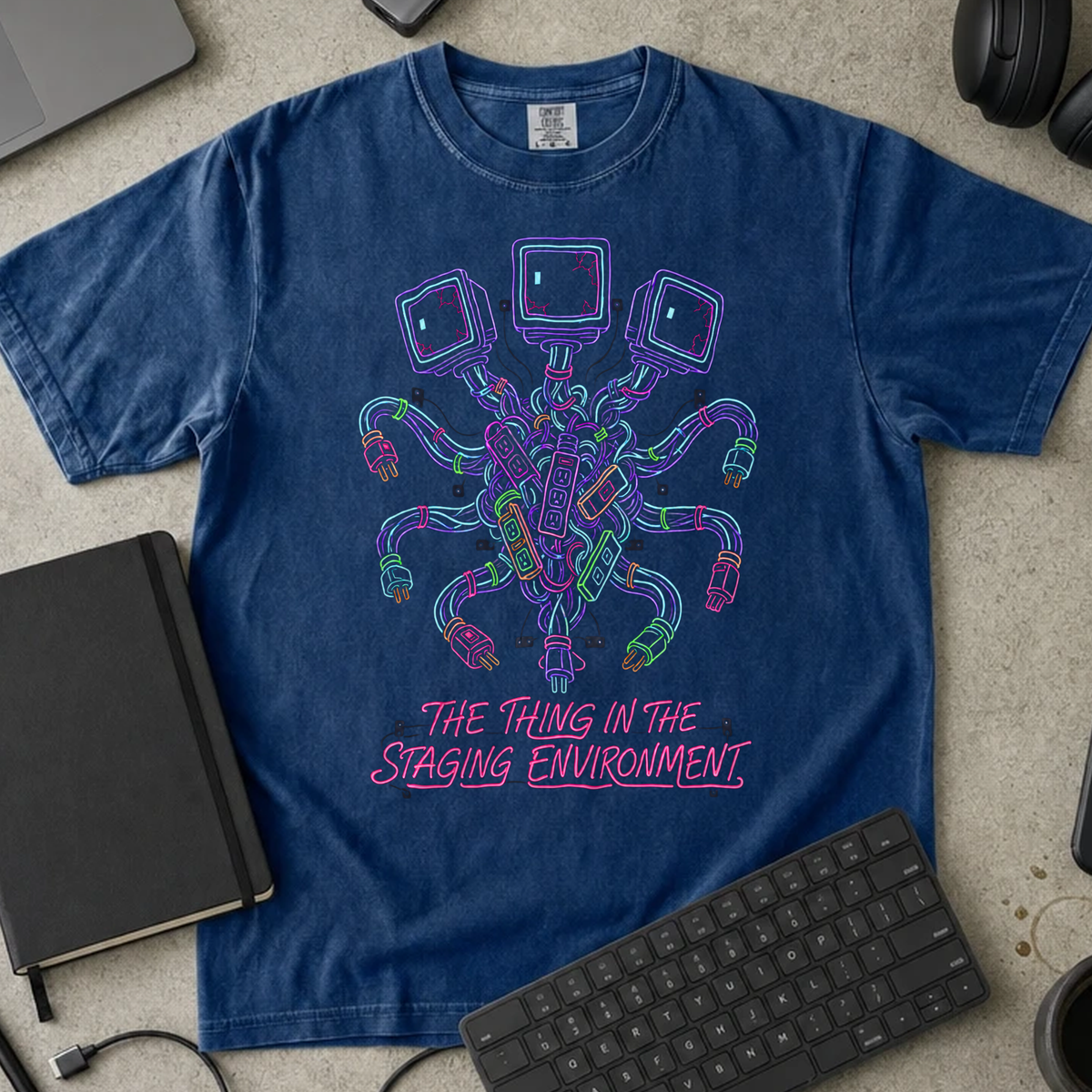 The Thing in the Staging Environment Shirt — True Navy Comfort Colors 1717 flat lay