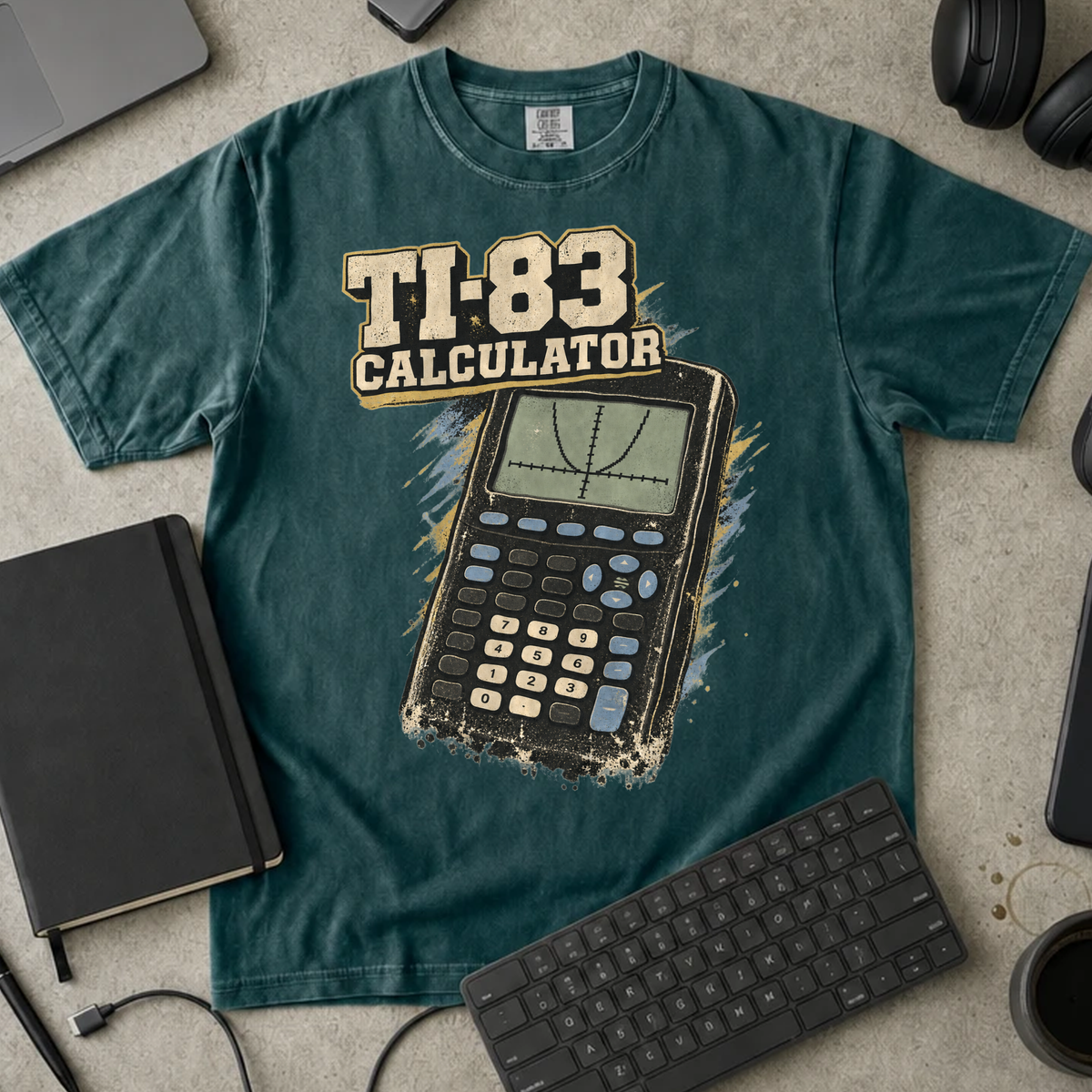 TI-83 Calculator Shirt — Blue Spruce Comfort Colors 1717 flat lay