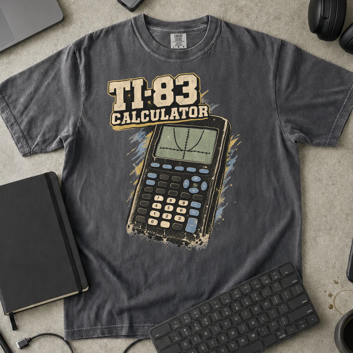 TI-83 Calculator Shirt — Pepper Comfort Colors 1717 flat lay