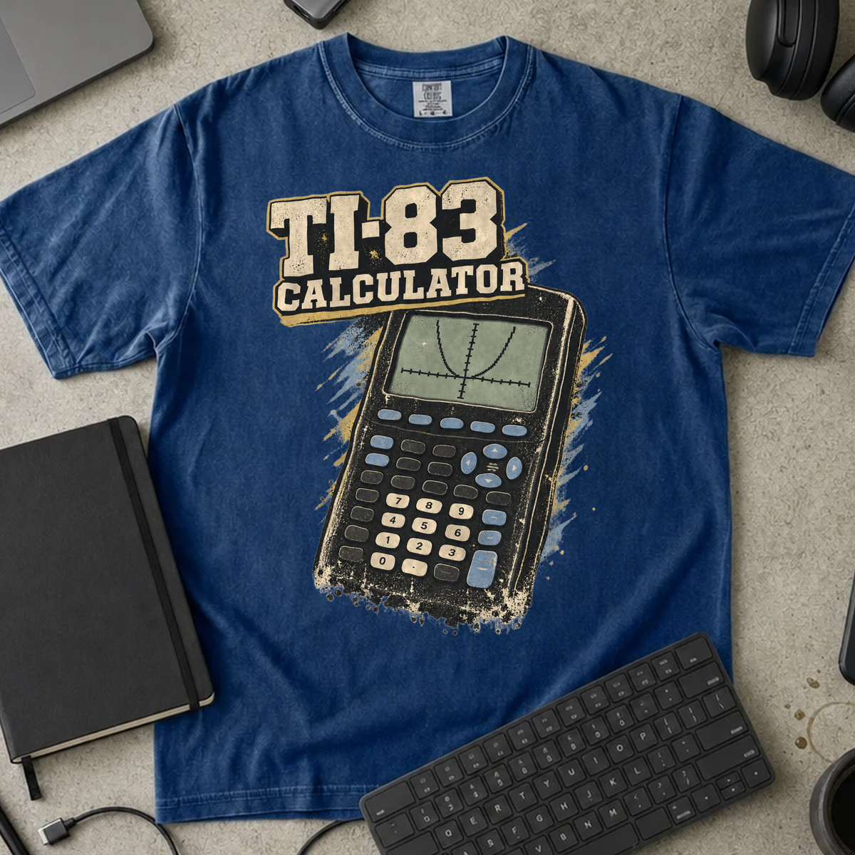 TI-83 Calculator Shirt — True Navy Comfort Colors 1717 flat lay