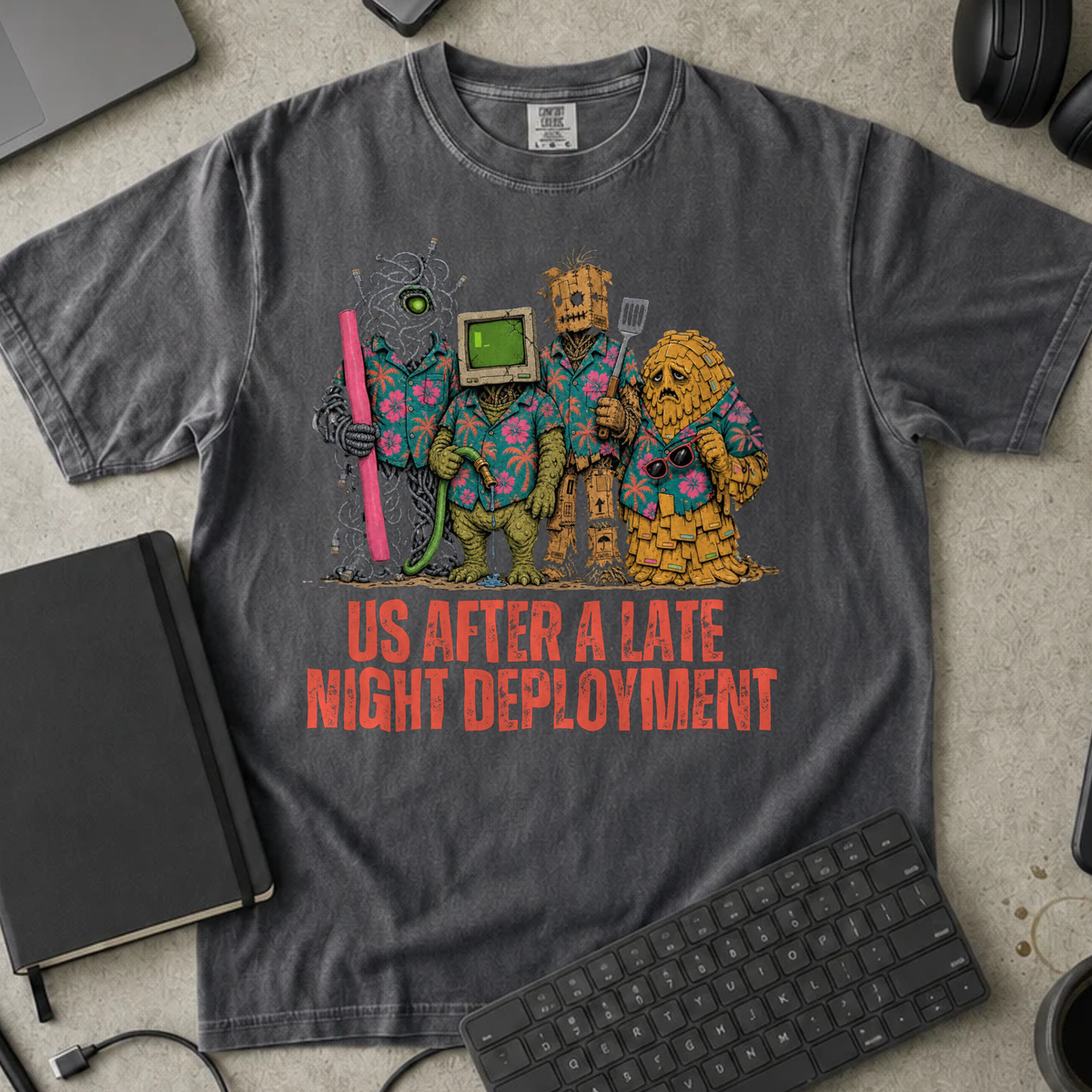 Us After a Late Night Deployment Shirt — Pepper Comfort Colors 1717 flat lay