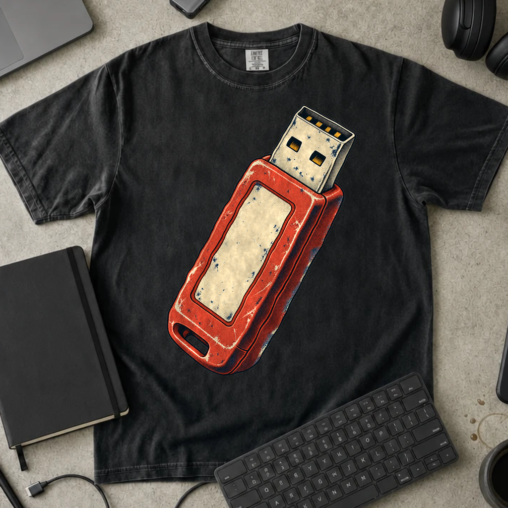 USB Flash Drive Shirt — Black Comfort Colors 1717 flat lay