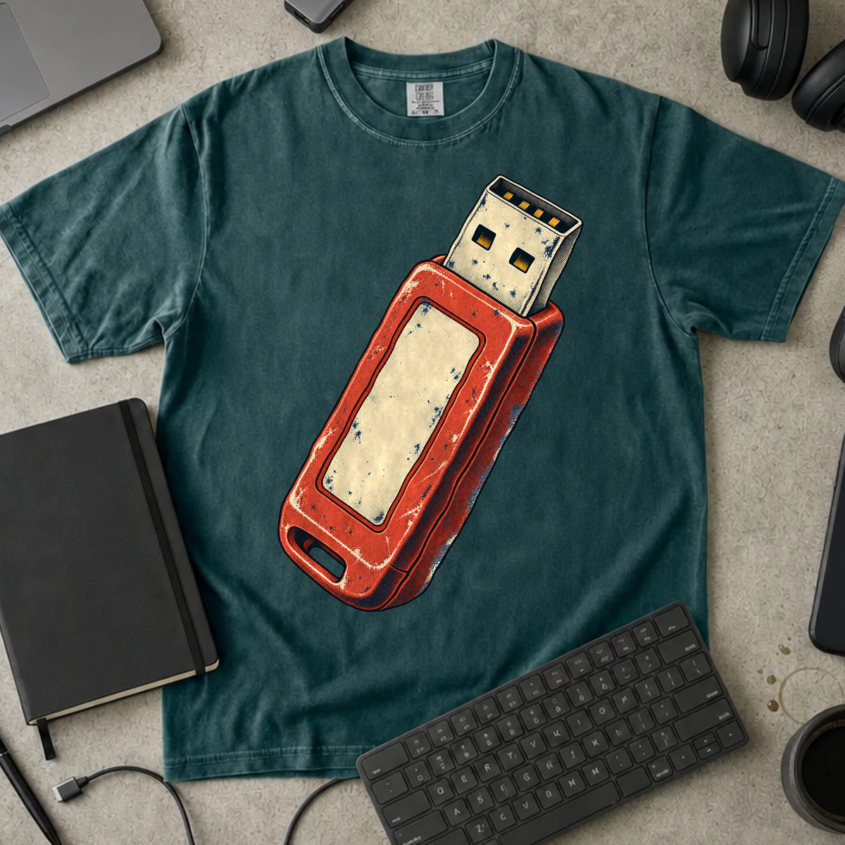 USB Flash Drive Shirt — Blue Spruce Comfort Colors 1717 flat lay