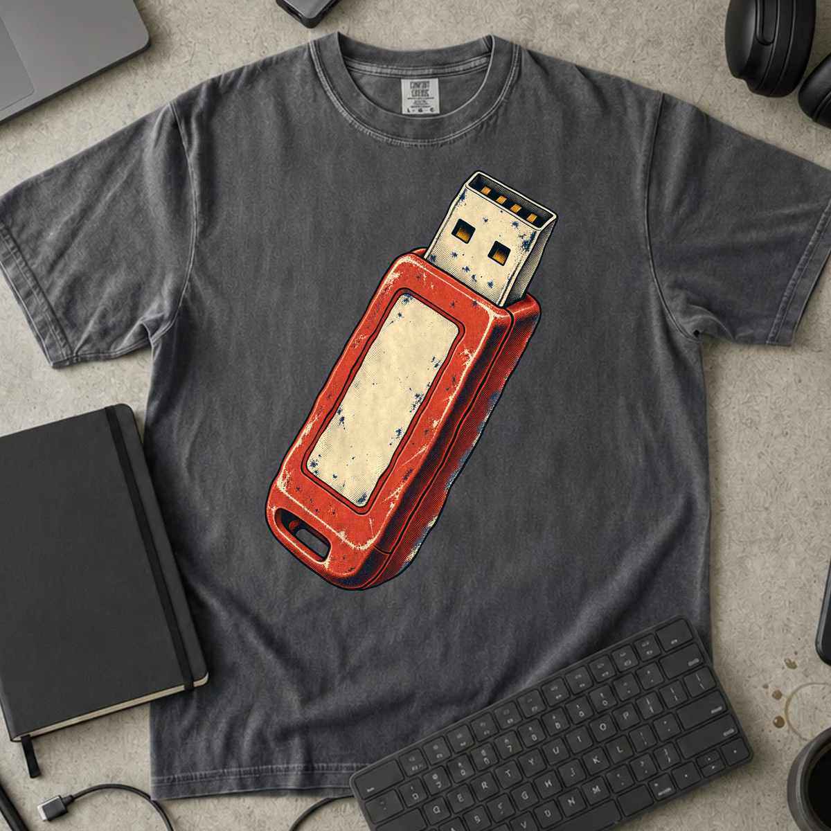 USB Flash Drive Shirt — Pepper Comfort Colors 1717 flat lay