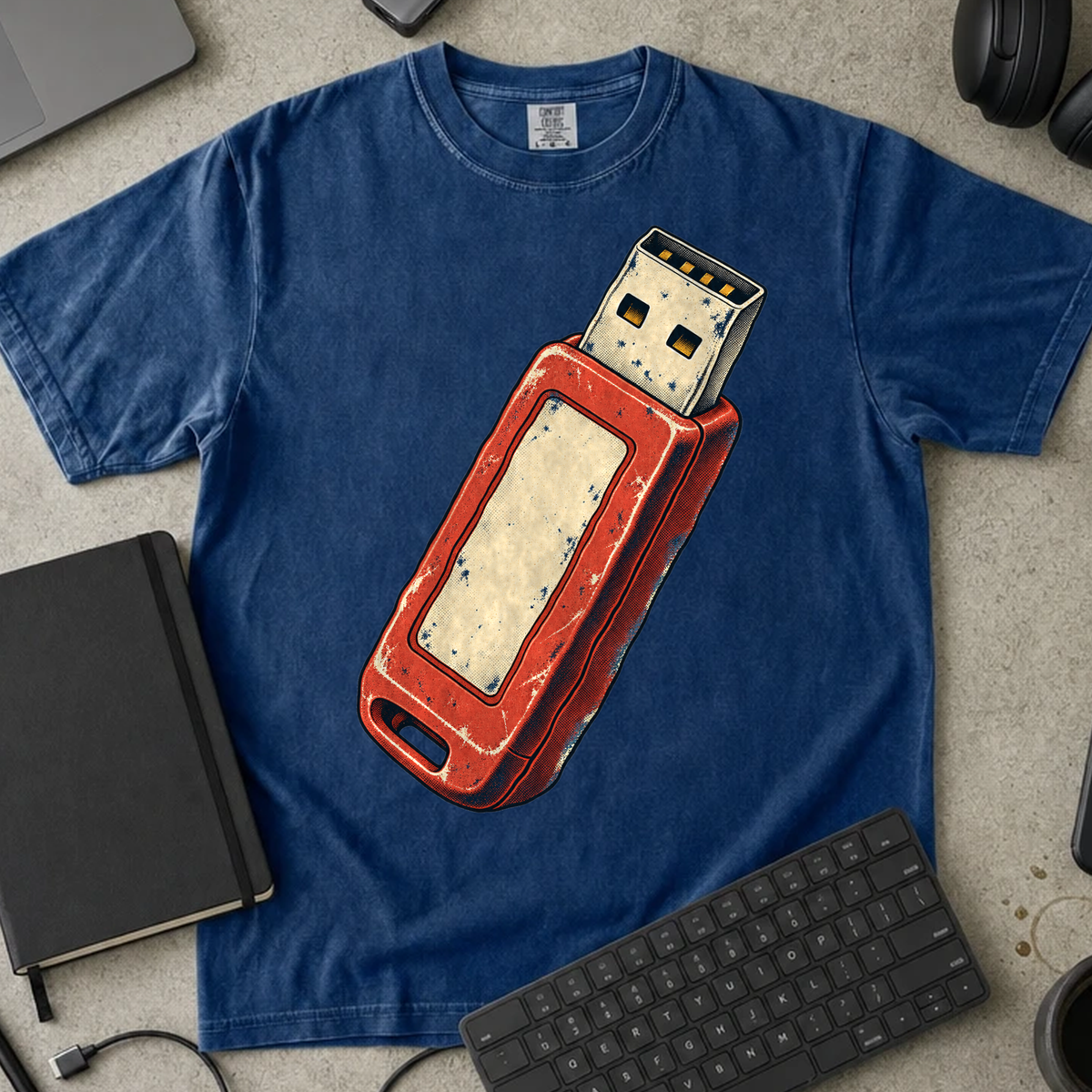 USB Flash Drive Shirt — True Navy Comfort Colors 1717 flat lay