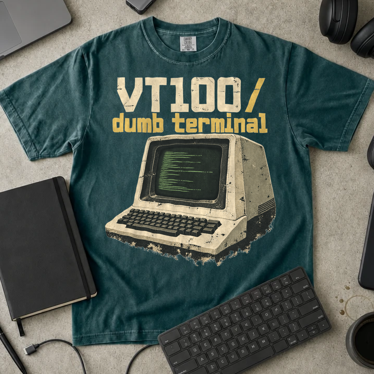 VT100 Dumb Terminal Shirt — Blue Spruce Comfort Colors 1717 flat lay