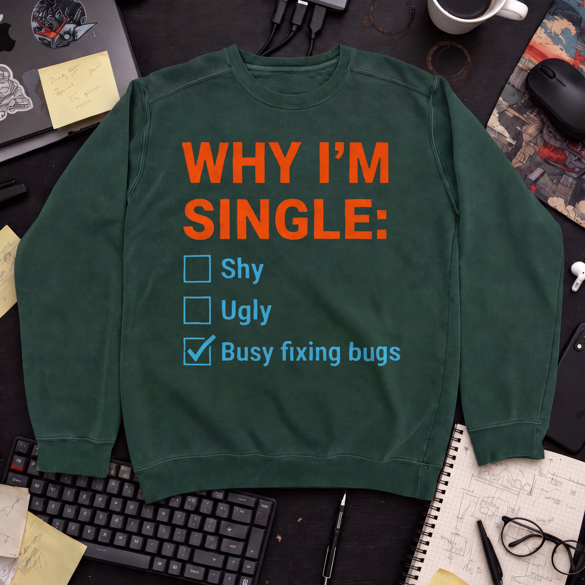 Why I'm Single Busy Fixing Bugs Sweatshirt — Bottle Green