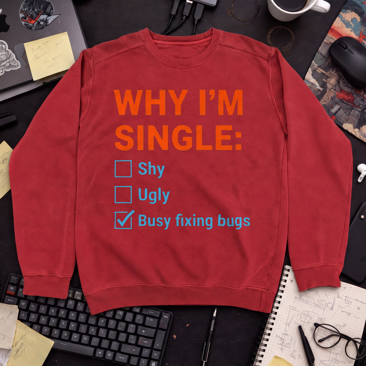 Why I'm Single Busy Fixing Bugs Sweatshirt — Fire Red